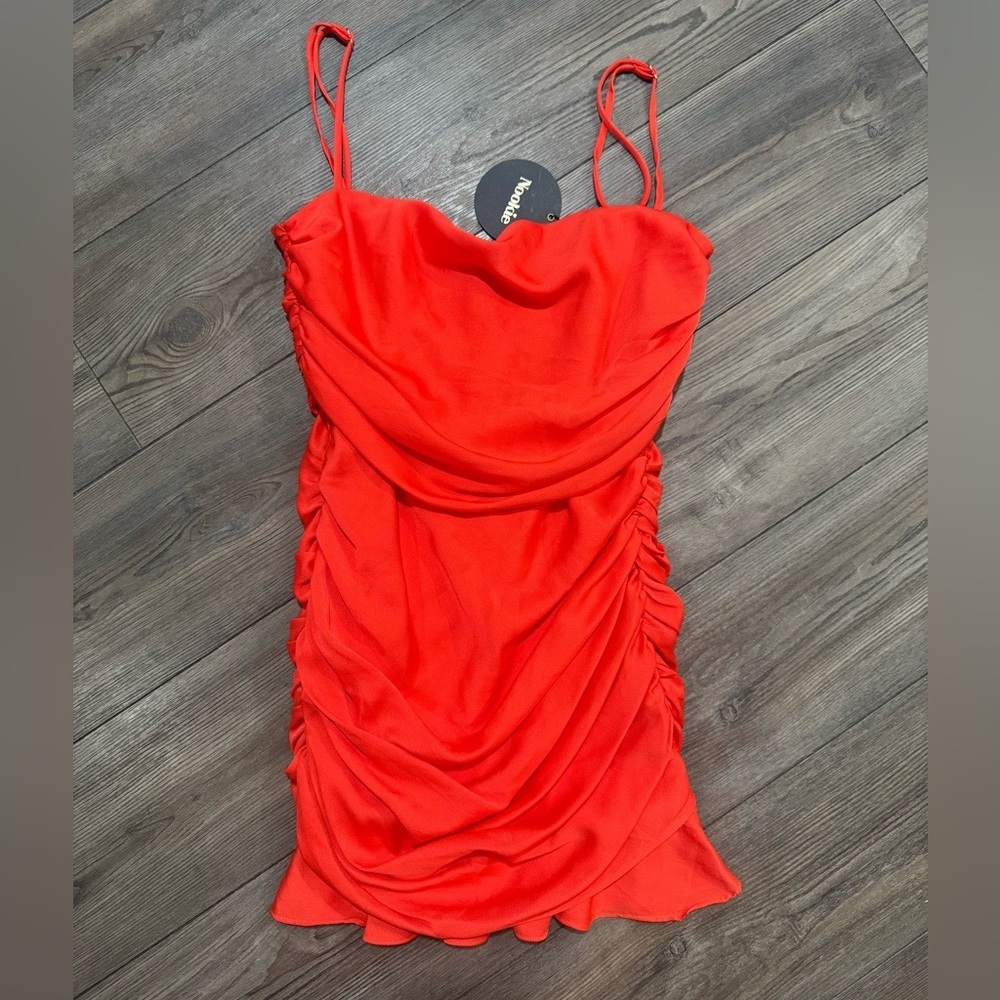 Nookie Tangerine Ruched Mini Dress Adjustable Straps Large Ruffle Hem NWT